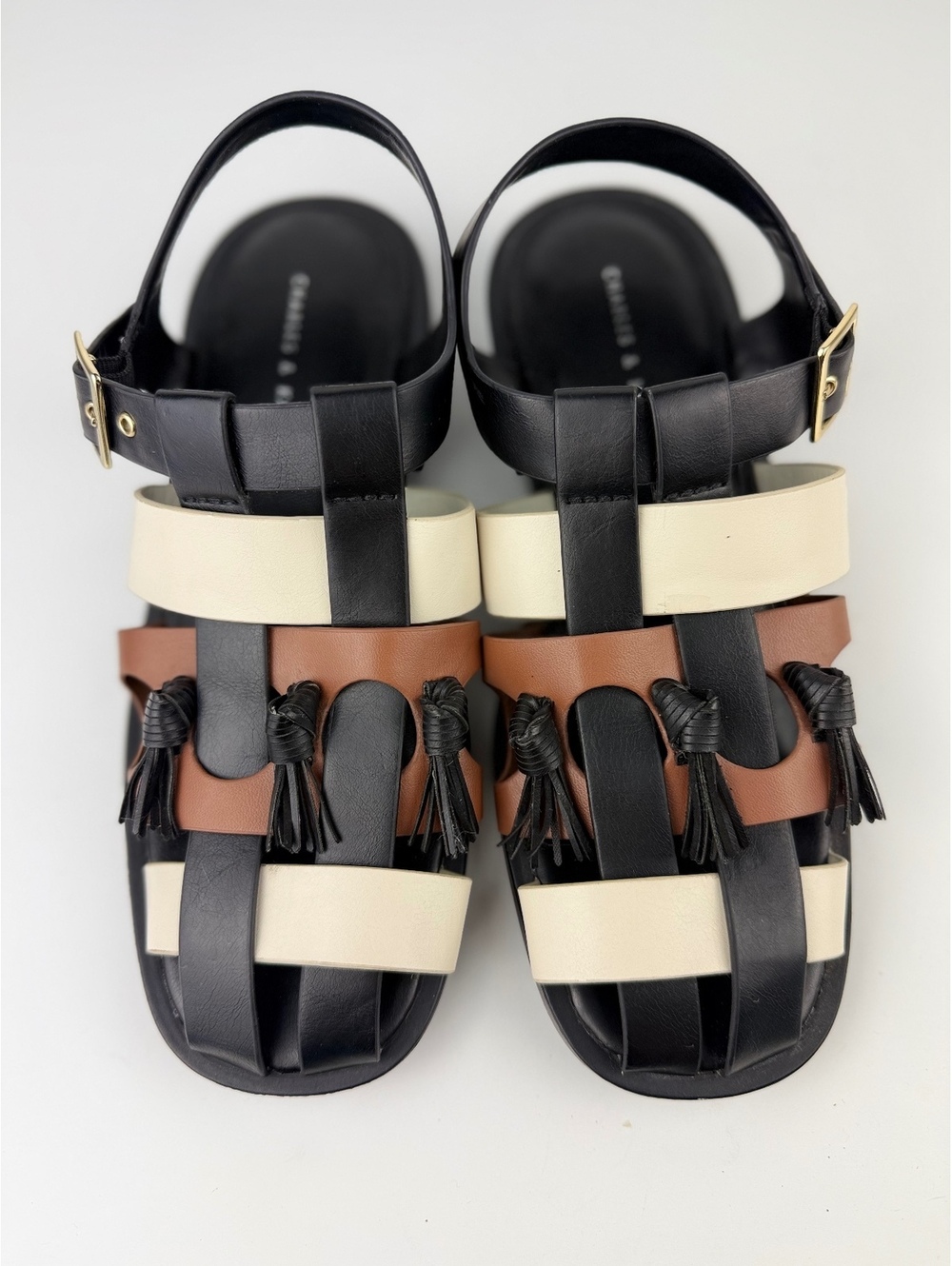 Charles & Keith Fringe Tassel Caged Sandals Boho Colorblock Slingback Shoes